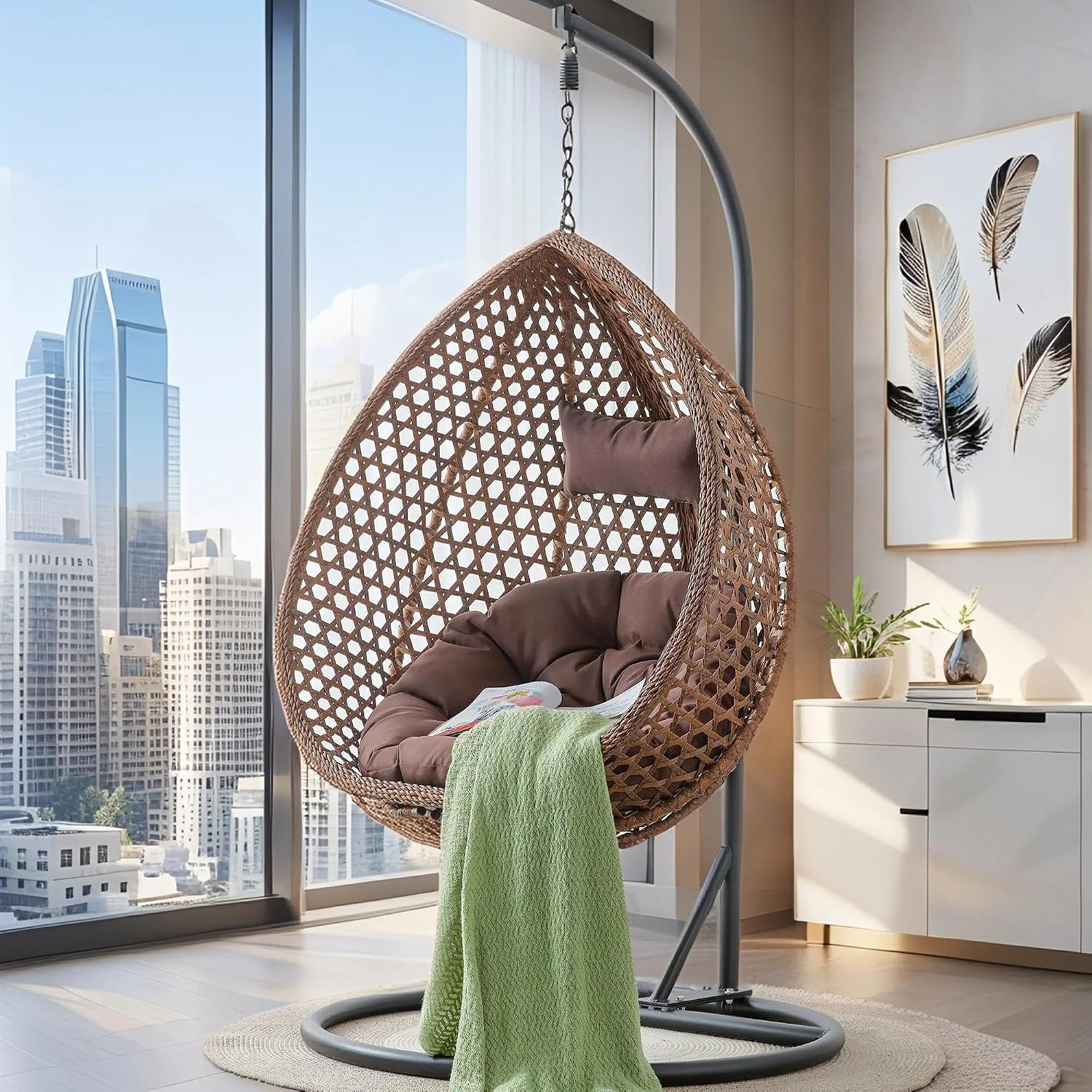 Egg Swing Chair with Stand Outdoor Indoor, Hanging Egg Chair with Cushions and Pillow,300lbs Capacity for Porch, Patio,Garden, Bedroom, Balcony, Brown