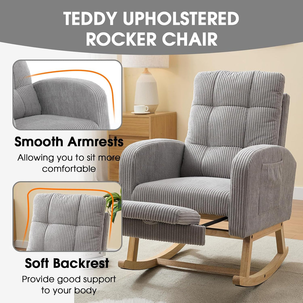 NIOIIKIT Nursery Rocking Chair, Corduroy Upholstered Rocking Chair with Adjustable Footrest, Tufted Rocker Chair with Side Pocket, Glider Rocker for Living Room, Bedroom (Gray Retro)