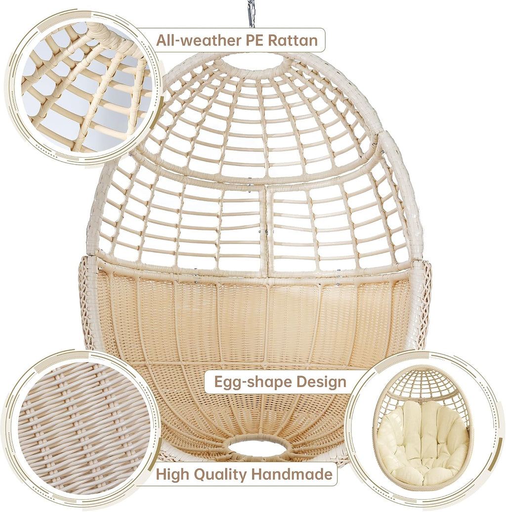 Hanging Egg Chair Swing Chair with Stand Wicker Rattan for Indoor Outdoor Patio Bedroom Hammock with Steel Frame and Cushion, 300 lbs Capacity, Beige