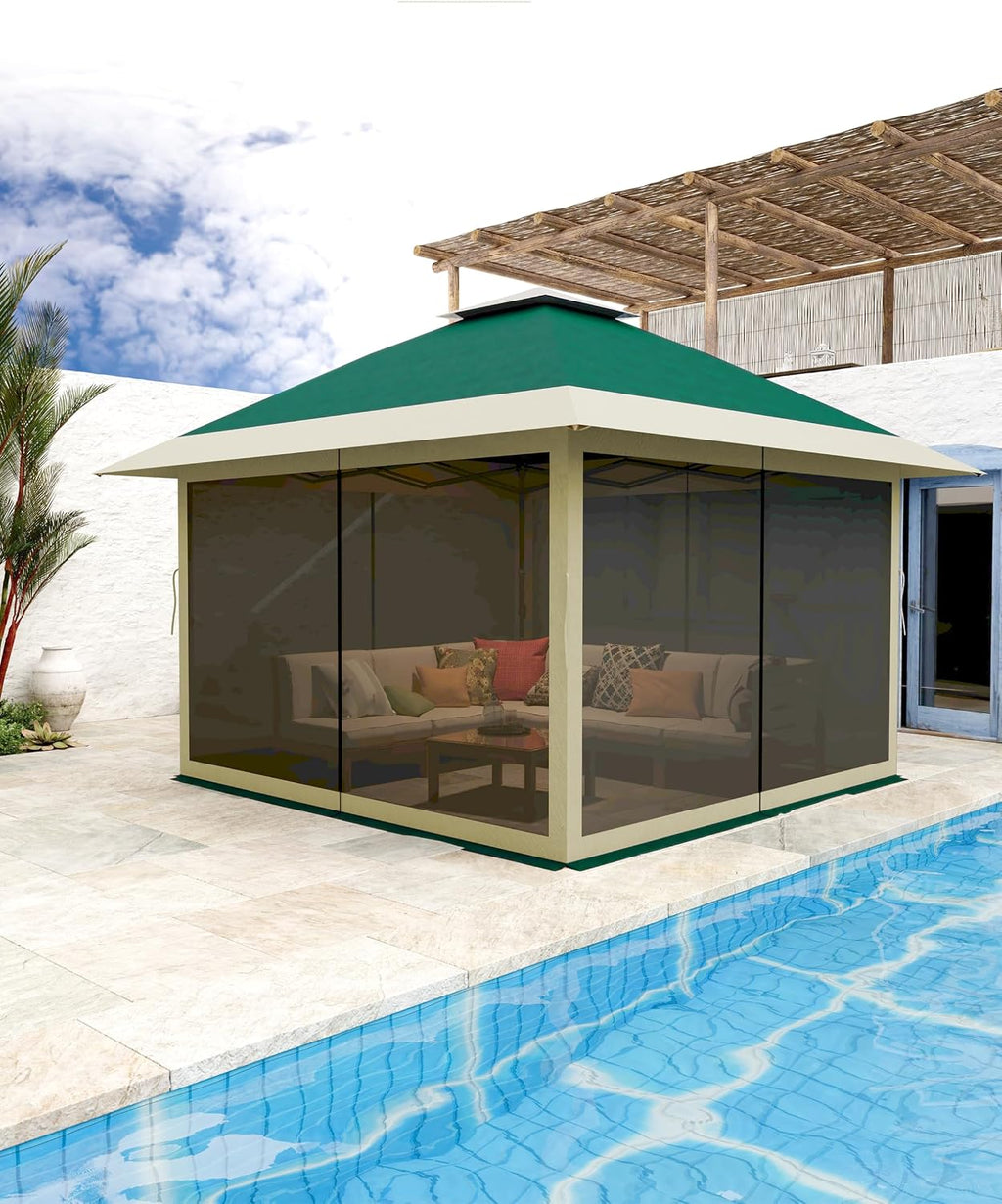 KYBOLT 12x12 Pop Up Gazebo Instant Canopy Tent with Netting 4 Stanbags Outdoor Shelter for Lawn, Garden, Backyard, Deck (Olive Green + Taupe)