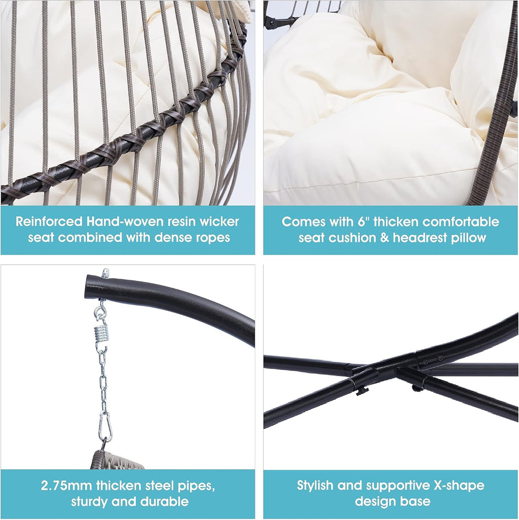Modern Patio Wicker Folding Hanging Chair,Rattan Swing Hammock Egg Chair with C Type Bracket,with Cushion and Pillow,for Indoor,Outdoor,Beige