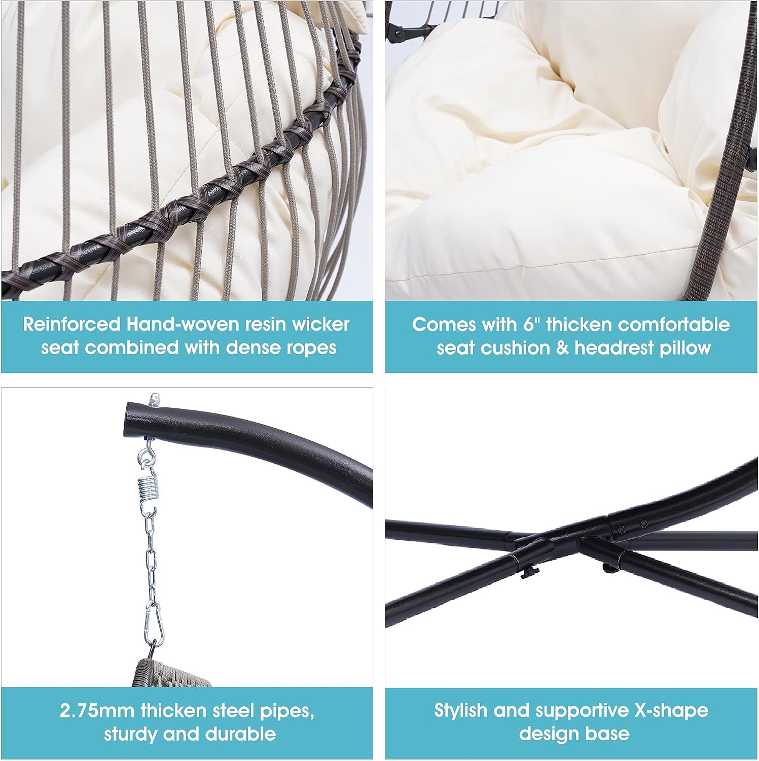 Modern Patio Wicker Folding Hanging Chair,Rattan Swing Hammock Egg Chair with C Type Bracket,with Cushion and Pillow,for Indoor,Outdoor,Beige