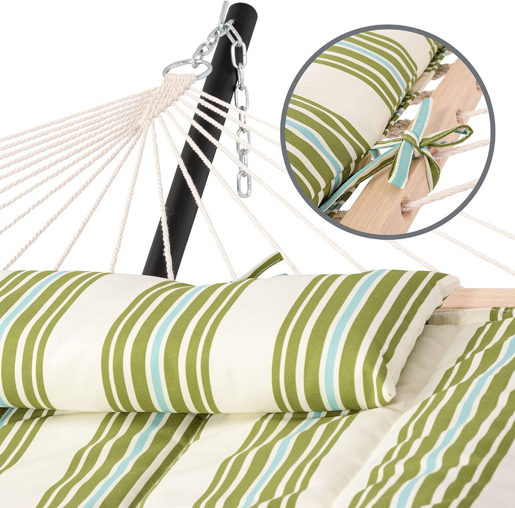 SUNCREAT Cotton Rope Hammock for Two People with Carrying Bag, Quilted Fabric Pad & Detachable Pillow, Extra Large Hammock with 12 FT Steel Stand, Ipad Bag & Cup Holder, Green&Beige