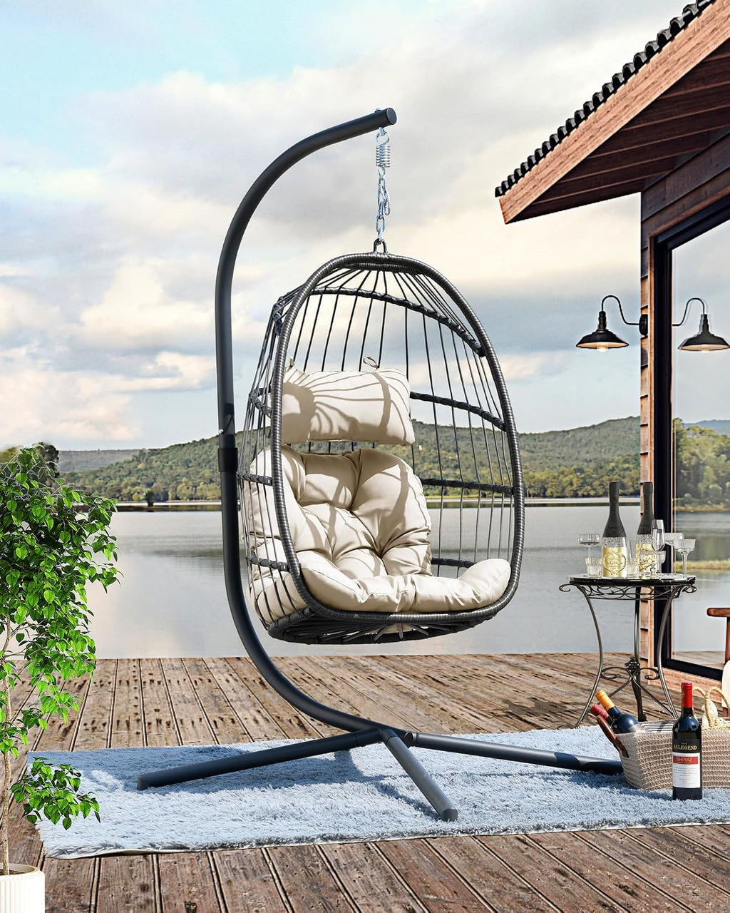 FREDEES Egg Swing Chair with Stand, Outdoor Hanging Egg Chair with Cushion for Patio/Porch/Balcony/Indoor (Beige)