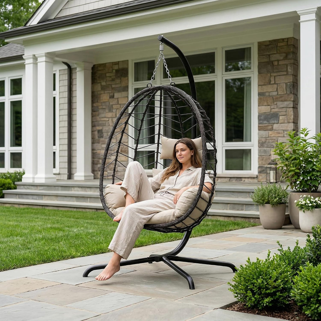 LEX CRAFT Hanging Egg Chair with Stand, Swinging Egg Chair Outdoor Indoor, Hanging Basket Chair with Cushion, Patio Wicker Hammock Chair 350lbs Capacity for Porch, Balcony, Backyard, Garden (Beige1)