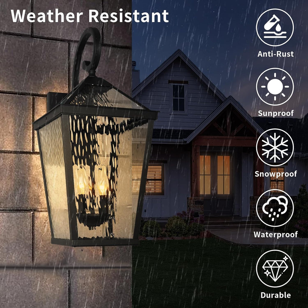 Treekee Outdoor Wall Light Fixture, Modern Waterproof Exterior Wall Lantern with E12 Sockets & Water Ripple Glass, Matte Black Rustic Wall Sconce Porch Lamp for Patio, Garage, Yard, Front Door, Garden