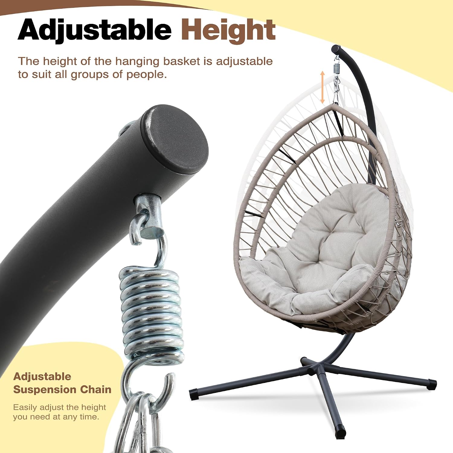Hanging Egg Chair with Stand, Foldable Hammock Swing Chair Made by Durable All-Weather Core-Spun Polyester Rope with Yarn-Dyed Fabric Cushion for Indoor Outdoor, 350Lbs Capacity (Grey Cushion)