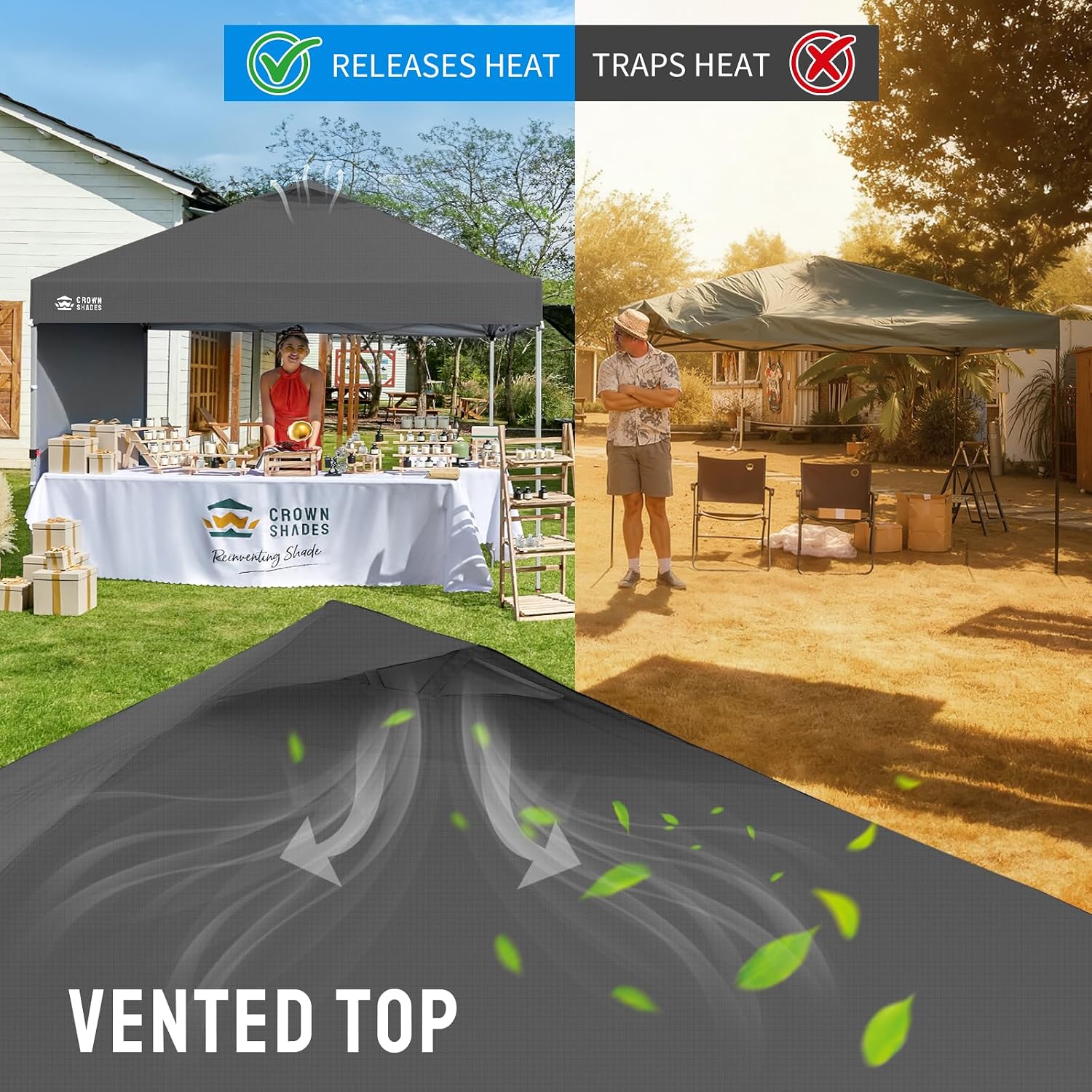 CROWN SHADES 10x10 Pop Up Canopy with 1 Side Wall - Beach Tent with One Push Setup - Outdoor Sun Shade for Events, Parties, Camping - Gazebo with STO-N-Go Cover Bag (Grid Grey)