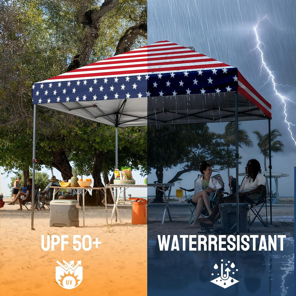 CROWN SHADES 10x10 Pop Up Canopy - Patented Center Lock One Push Instant Outdoor Canopy Beach Tent with STO-N-Go Bag 8 Stakes & 4 Sand Bags，American Flag
