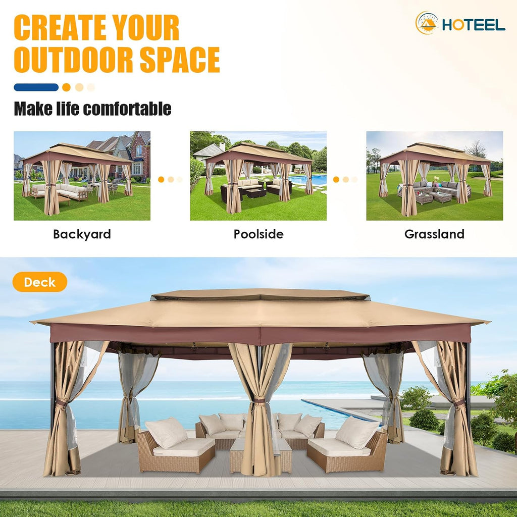HOTEEL Gazebo 12x20, Outdoor Gazebo on Clearance with Double Ventilated Arc Roof, Privacy Curtains & Mosquito Netting, Easy Set up Canopy Tent with Stable Metal Frame for Patio, Khaki (Windproof)
