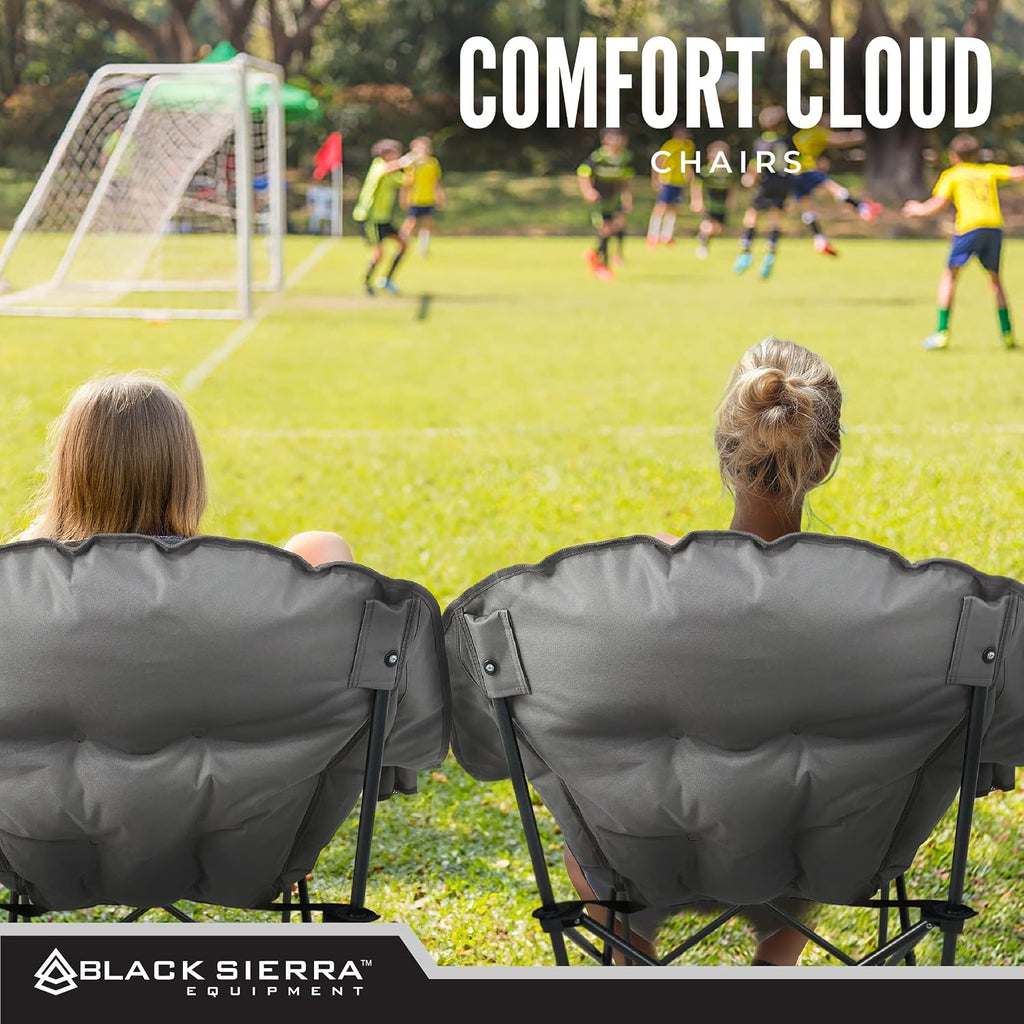Black Sierra Plush XL Padded Camping Chairs for Adults, 2-Pack Oversized Heavy Duty Folding Seats Supports 400 lbs, Duo Plush Comfort with Cup Holders & Carry Bag for Camping, Tailgating, Patio, RV