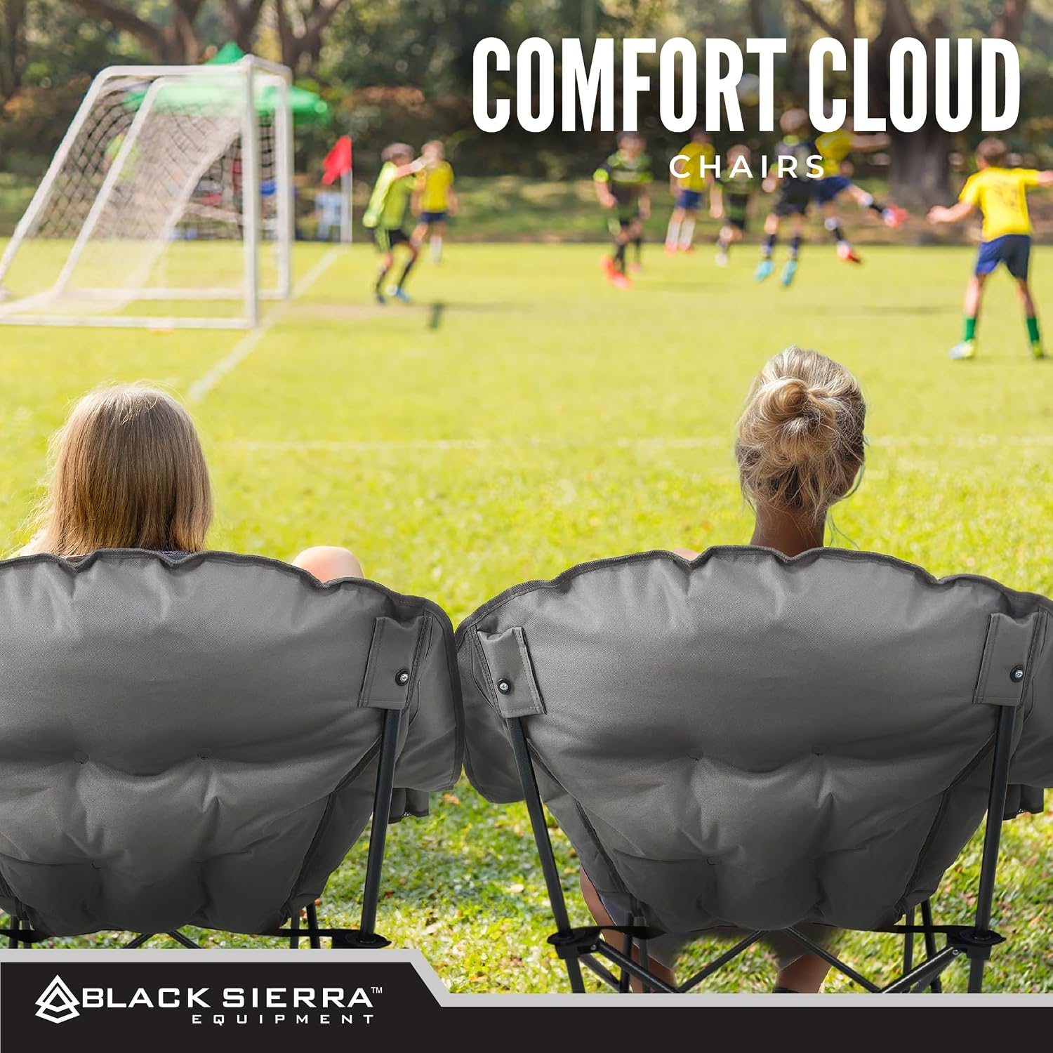 Black Sierra Plush XL Padded Camping Chairs for Adults, 2-Pack Oversized Heavy Duty Folding Seats Supports 400 lbs, Duo Plush Comfort with Cup Holders & Carry Bag for Camping, Tailgating, Patio, RV