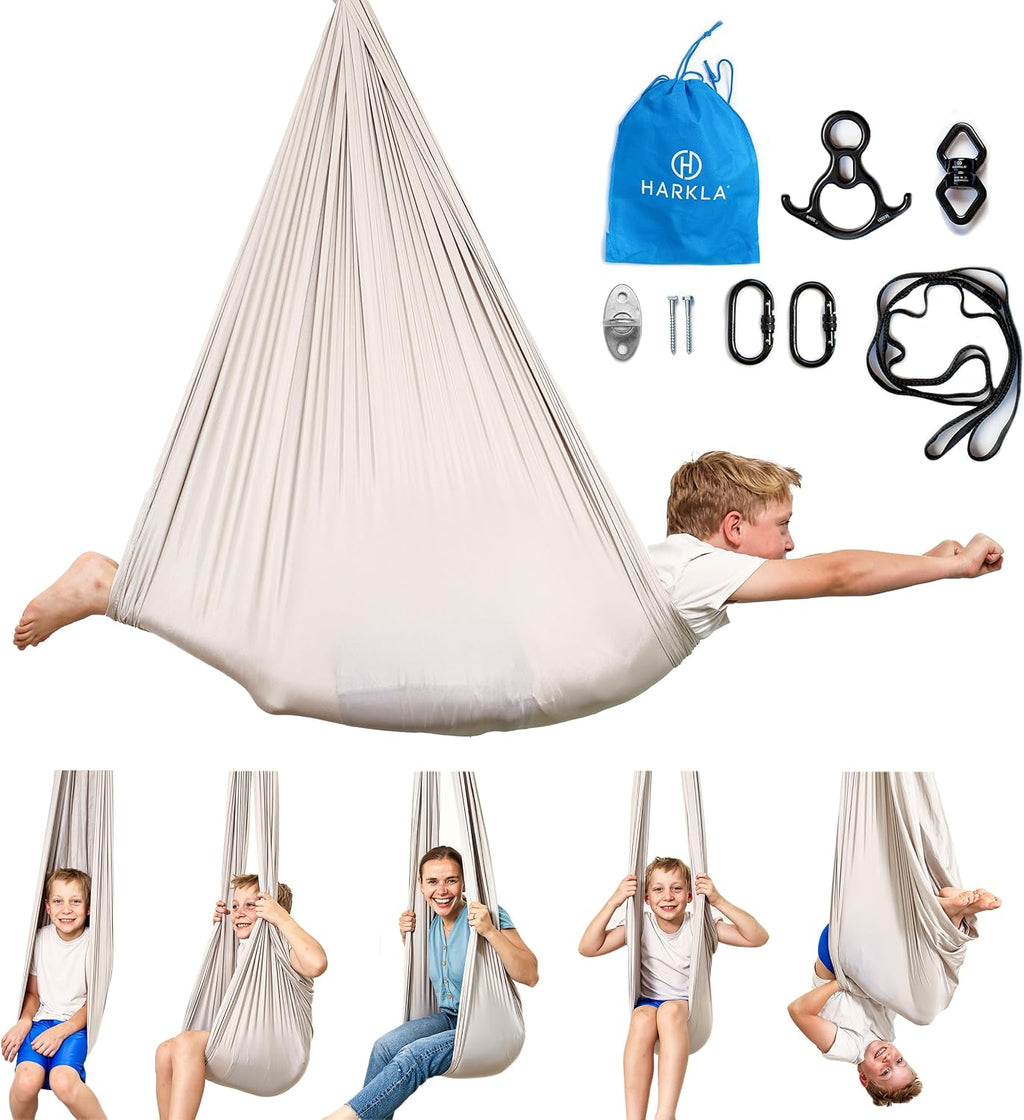 Harkla Sensory Swing for Kids & Adults - Holds 300lbs, Indoor Outdoor Sensory Swing for Hug Like Calming Effect - Durable Soft Stretch Fabric and Heavy Duty Hardware (Gray, 100' Swing + 5' Swivel)
