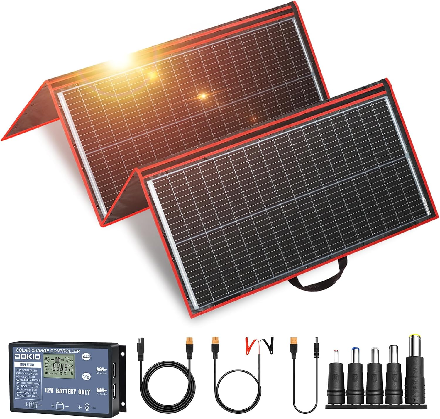 DOKIO 300W Portable Foldable Solar Panel Kit, Compact 19.3x37.4in Design 15.2lb with Standalone Controller and USB, Monocrystalline Charger for 12V Batteries, Power Stations, RV Camping Emergency Use