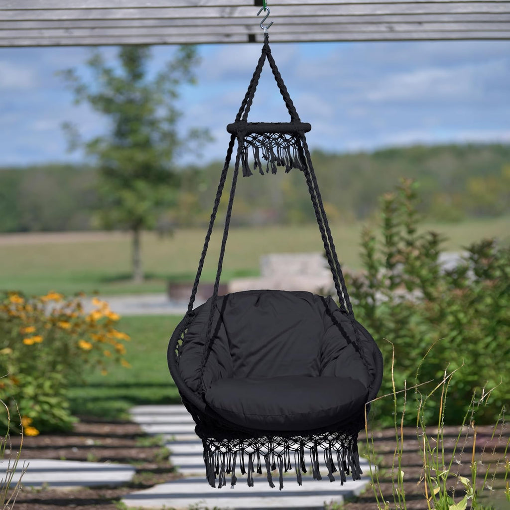 Vivere Deluxe Polyester Macrame Chair with Plush Cushion and Fringe (Eclipse)