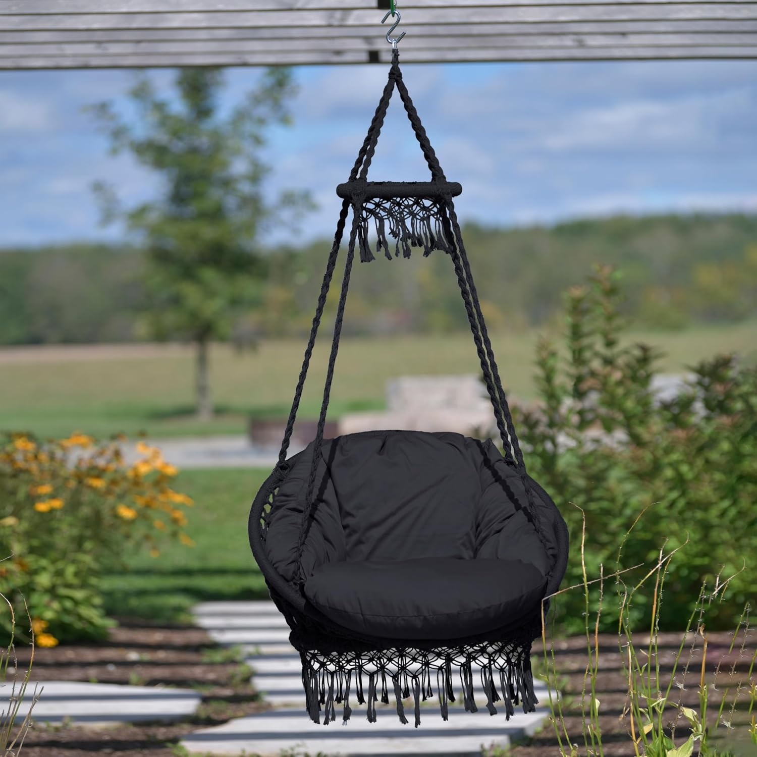 Vivere Deluxe Polyester Macrame Chair with Plush Cushion and Fringe (Eclipse)