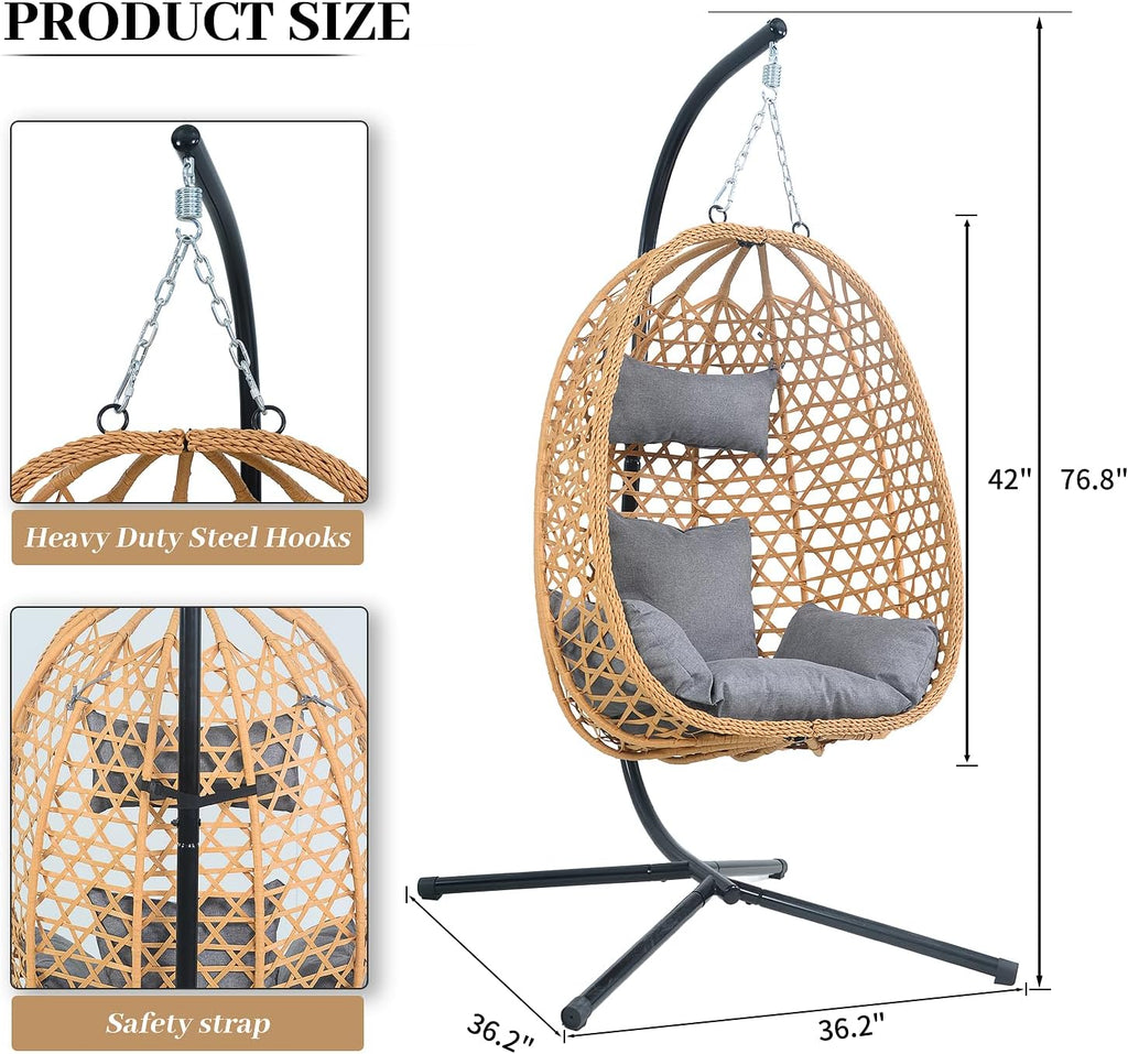 EortheX Hanging Egg Chair with Cushions – Comfortable Rattan Swing Chair with Stand for Patio, Garden, or Balcony – Stylish and Relaxing Outdoor Lounge Chair, 350LBS Capacity Indoor Outdoor (Grey)