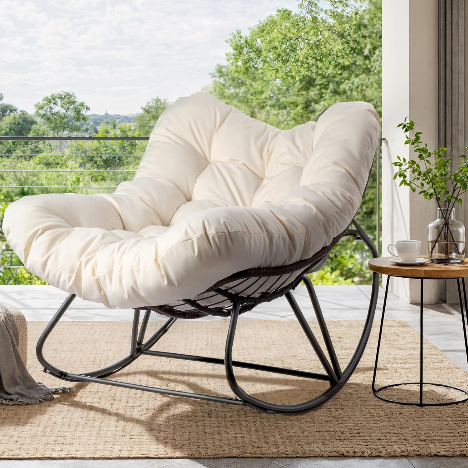VINGLI Papasan Rocking Chair Outdoor, Patio Rocking Chair with Cushion, Comfortable Lounge Chair Weatherproof for Garden, Yard, Outdoor/Indoor, Beige