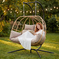 Double Egg Chair Outdoor, Egg Swing Chair with Stand, Hanging Swing Chair Outdoor with Cushions/Headrest, 80' H Hanging Chairs with Stand Indoor, Metal Basket Swing Egg Chairs for Deck, Brown