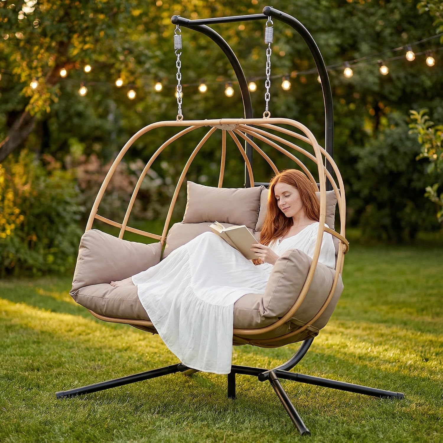 Double Egg Chair Outdoor, Egg Swing Chair with Stand, Hanging Swing Chair Outdoor with Cushions/Headrest, 80' H Hanging Chairs with Stand Indoor, Metal Basket Swing Egg Chairs for Deck, Brown