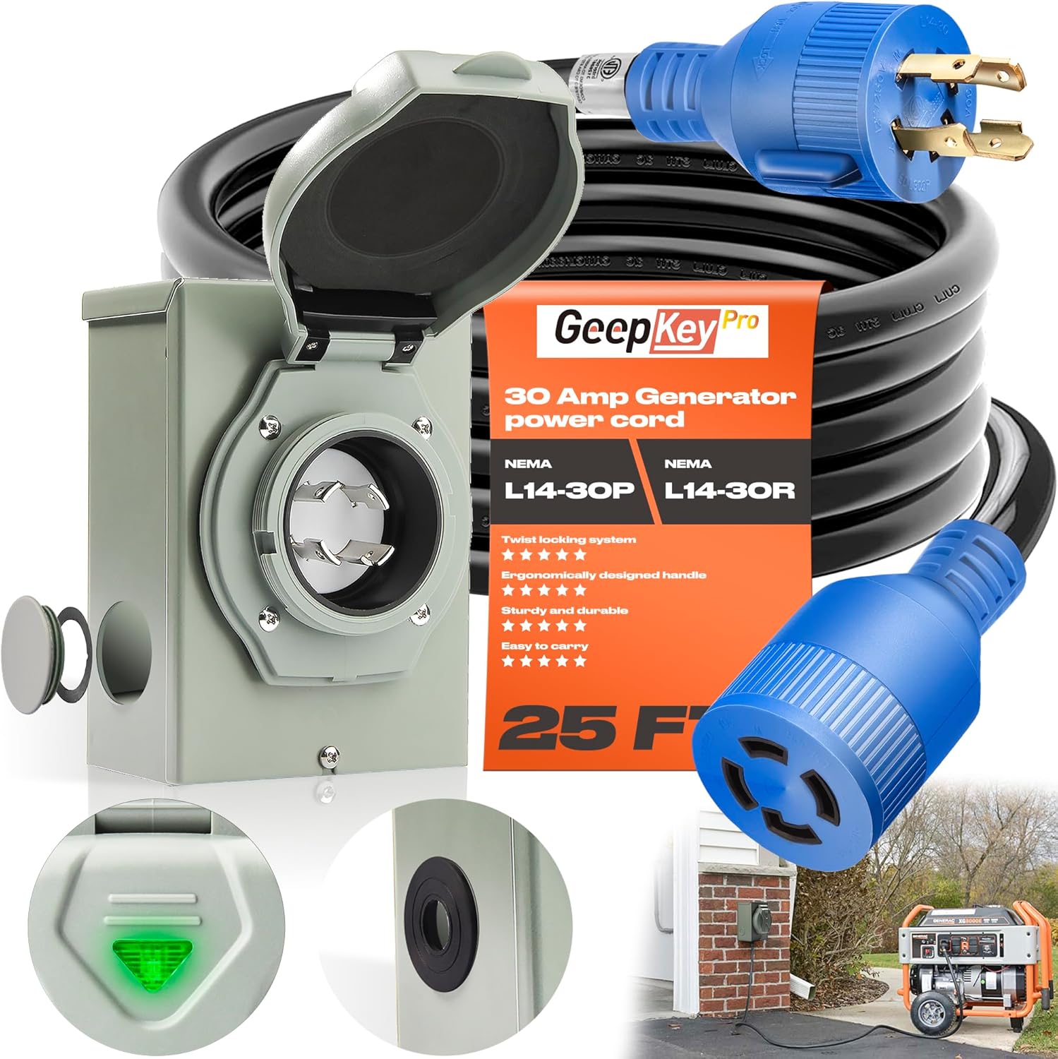 Generac 25FT Generator Cord, 30 Amp, 125/250 Volt 7500 Watts, L14-30P PB30 Twist Lock Connector