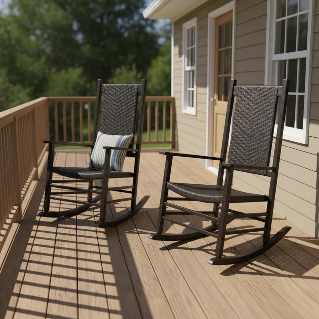 Shine Company Set of 2 Hampton Porch Rockers, High Back Wood Rocking Chairs, Rattan Backrest & Seat, 2-Pack, Black