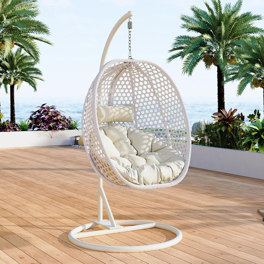 Egg Swing Chair Outdoor with Stand, Hanging Egg Rattan Basket Chair with Cushion and Pillow, Lounge Chairs, Foldable Basket and Metal Stand for Porch, Patio, Bedroom, Balcony,Yard (White)