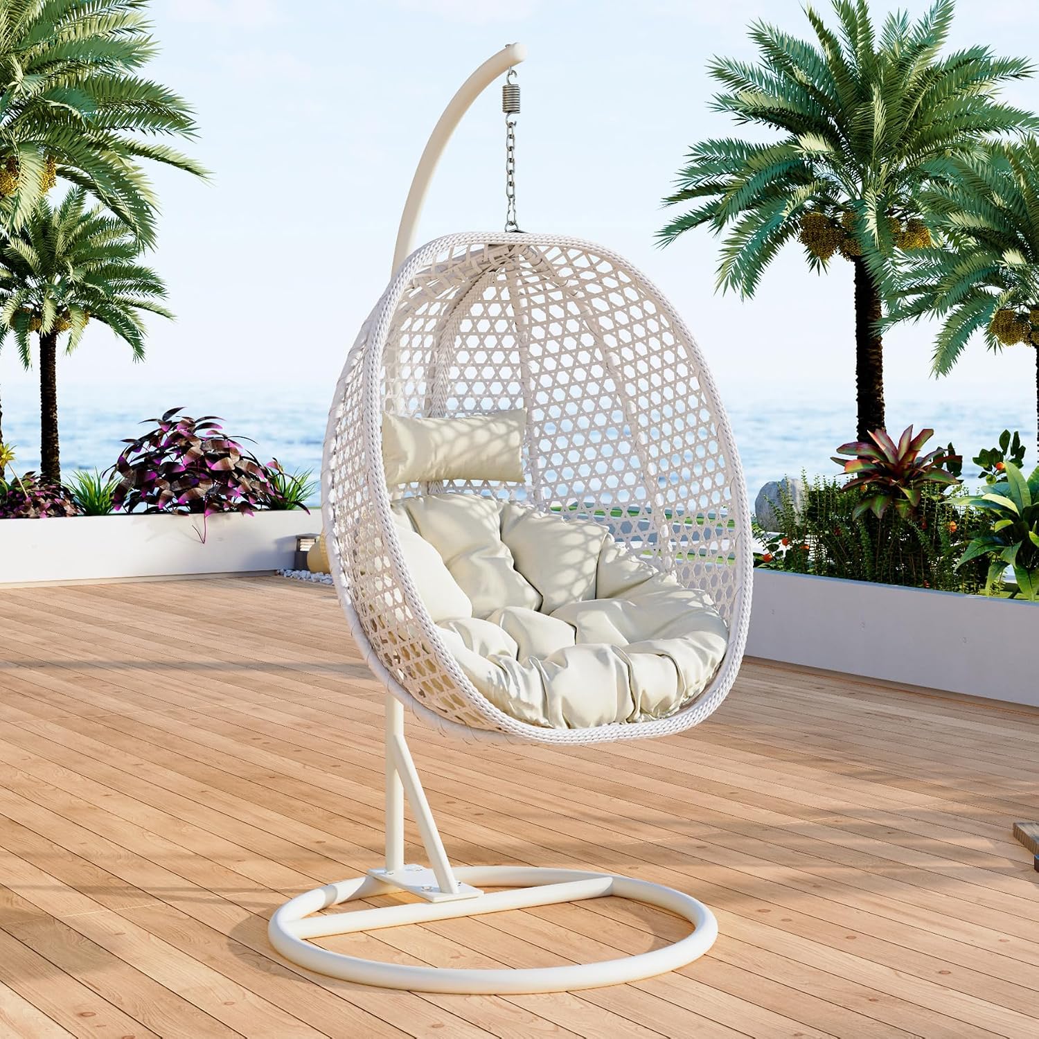 Egg Swing Chair Outdoor with Stand, Hanging Egg Rattan Basket Chair with Cushion and Pillow, Lounge Chairs, Foldable Basket and Metal Stand for Porch, Patio, Bedroom, Balcony,Yard (White)
