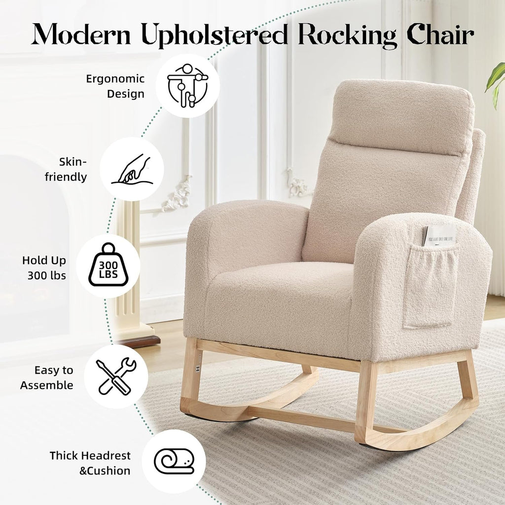 Rocking Chair Nursery,Glider Chair Nursery Chair with High Back and Side Pocket, Rocking Accent Armchair with Rubber Wood Legs for Living Room/Bedroom/Nursery