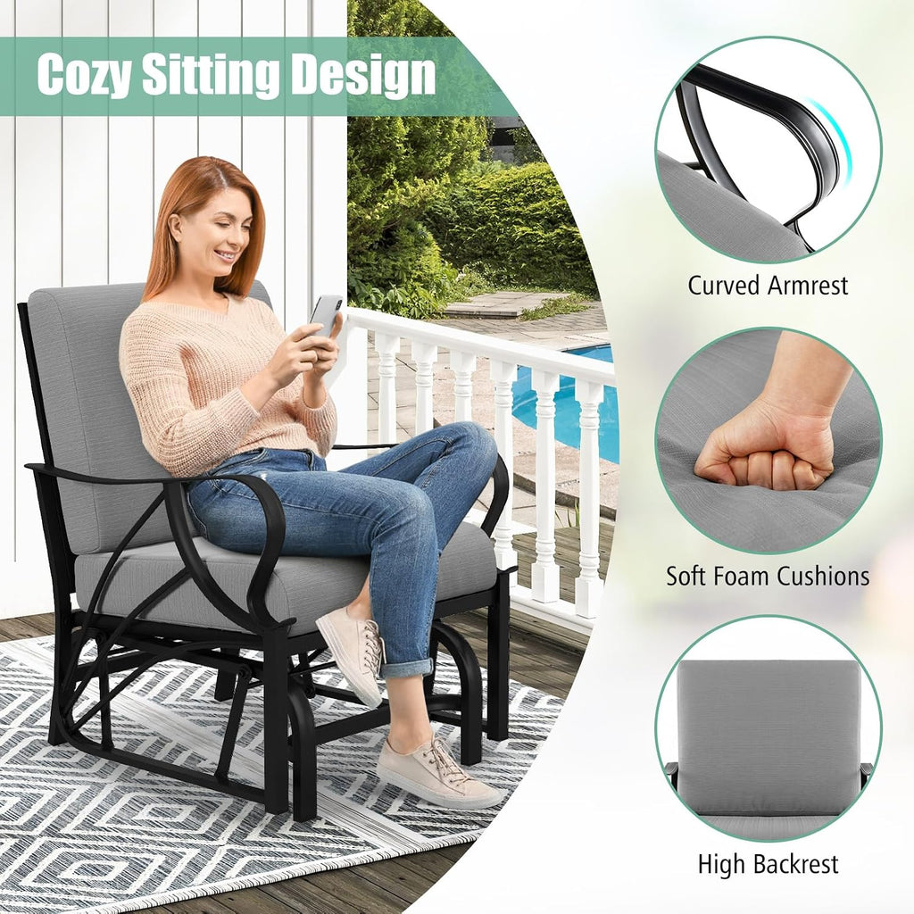 Giantex Outdoor Glider, Patio Rocking Chair with Thick Cushion, Sturdy Metal Frame, Curved Armrest, Ergonomic Design, Single-Person Glider Chair for Garden, Yard, Porch Rocker, Grey