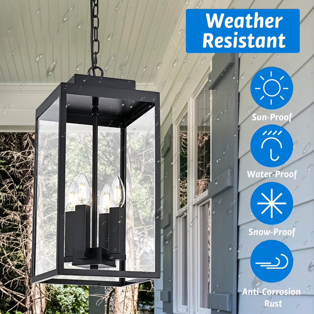MELUCEE Large Outdoor Pendant Light Fixtures 4-Light, Farmhouse Exterior Hanging Lantern Porch Light, Black Hanging Lamp Ceiling Mount Outdoor Chandelier for Porch Patio Gazebo Entrance