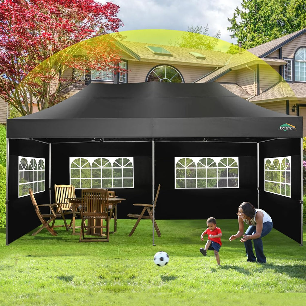COBIZI 10x20 Canopy with Sidewalls, Heavy Duty Party Tent Pop up Canopy, Tents for Parties, Wedding, Outdoor Easy up Foldable Portable Canopy Tent with Wheeled Bag, Black(Windproof Upgrade)