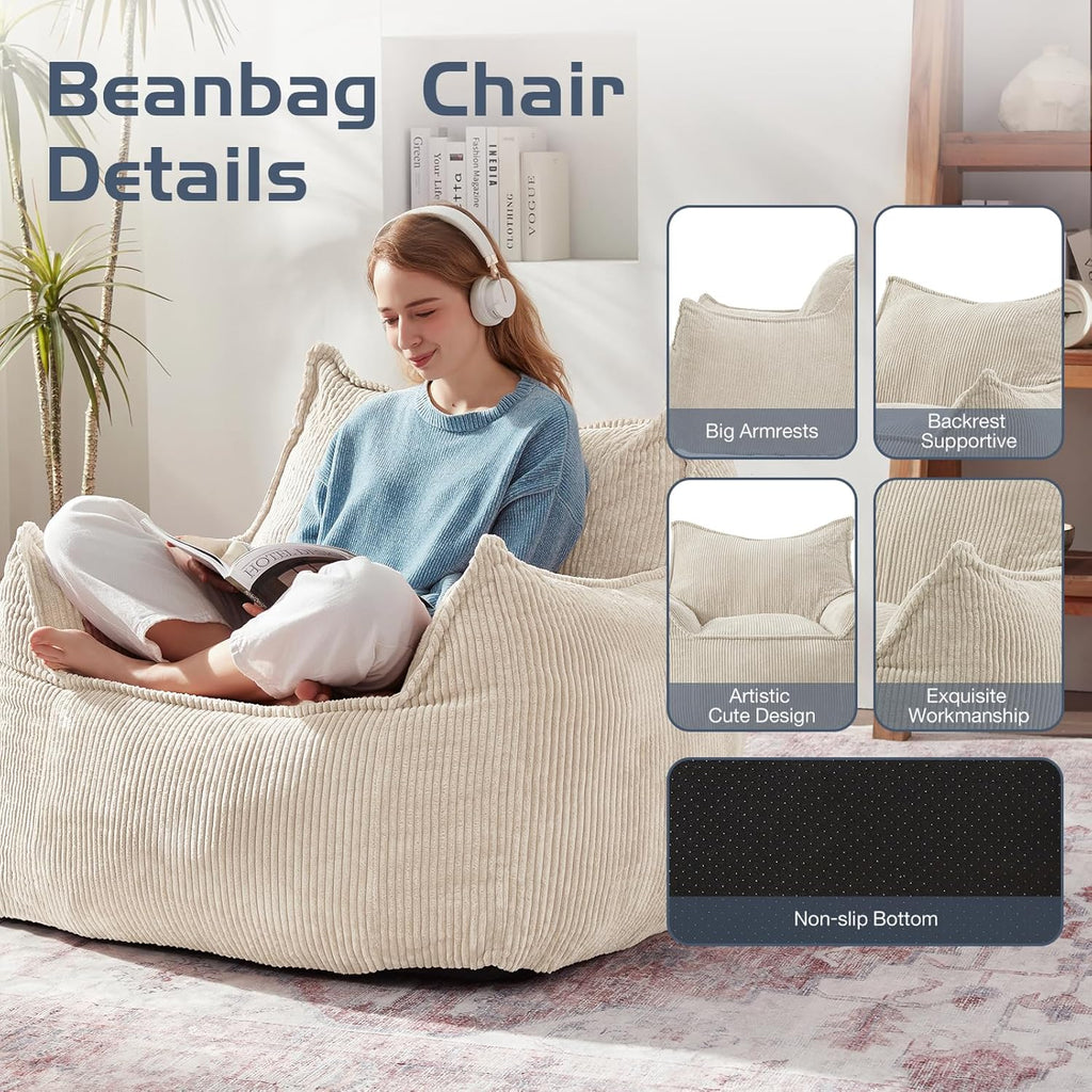 EBENCHICO Giant Bean Bag Chair Sofa for Adults Teens, Comfy Corduroy Large Bean Bag Chairs with Armrests for Bedroom Living Room, Adult BeanBag Lazy Sofa Couch Chairs with Filler Included
