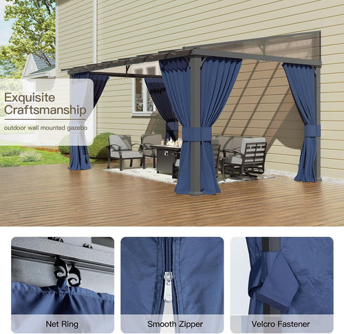 10' x 14' Gazebo for Patio,Wall Mounted Gazebo with Sloping Polycarbonate Roof,Aluminum Frame Outdoor pelgole w/Netting & Curtain for Garden,Deck,Backyard,NavyBlue