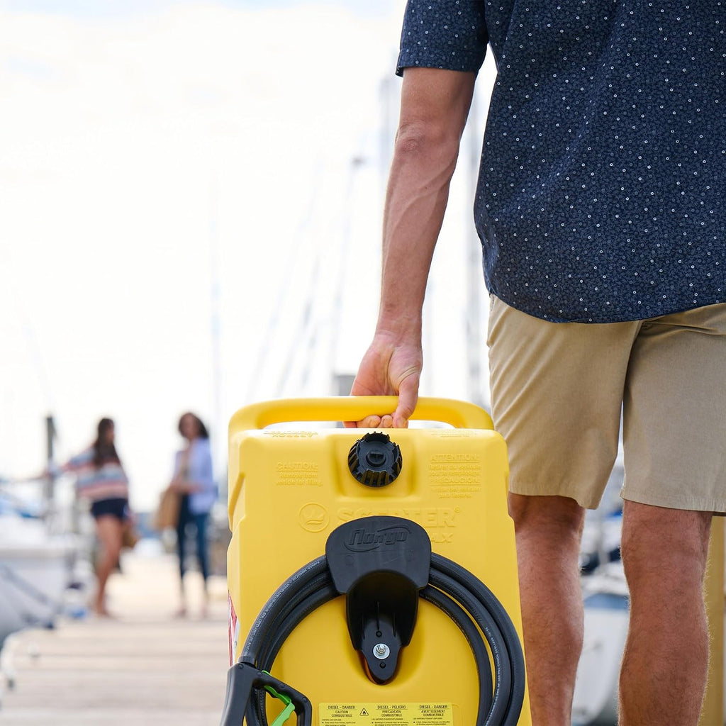 Scepter Flo N Go Duramax 14 Gallon Portable Diesel Gas Fuel Tank Container Caddy with LE Fluid Transfer Siphon Pump and 10 Foot Hose, 2 Pack, Yellow