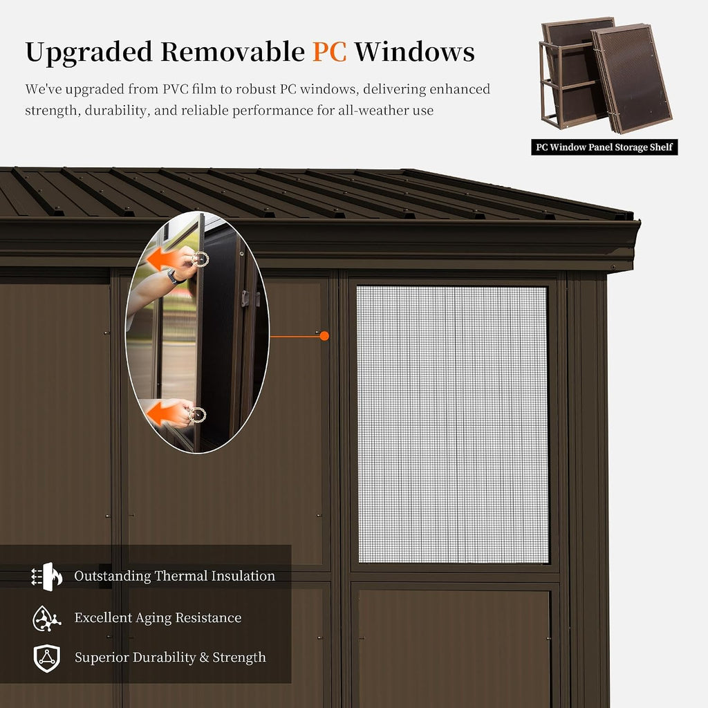 Domi 10x12FT Sunroom, Wall Mounted Sunroom Kit with Galvanized Steel Sloping Roof, Outdoor Sunroom Gazebo with Detachable PC Screen, 3 Sliding Double Doors, Lean to Sun Room for Patio, Deck