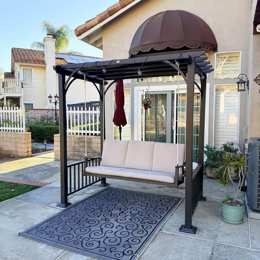 PURPLE LEAF 3-Seat Porch Swing Outdoor Metal Pergola Swing Bed Hanging Cloud Swing Chair with Stand for Backyard Garden Patio Hammock Swinging, Cushion and Pillows Included, Coffee