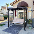 PURPLE LEAF 3-Seat Porch Swing Outdoor Metal Pergola Swing Bed Hanging Cloud Swing Chair with Stand for Backyard Garden Patio Hammock Swinging, Cushion and Pillows Included, Coffee