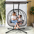 Double Egg Swing Chair with Stand & Adjustable Canopy, Outdoor Indoor Hanging Egg Chair, Handwoven Pe Rattan Loveseat with Uv-Resistant Cushions, 680Lbs Capacity for Patio, Garden, Balcony (Gray)