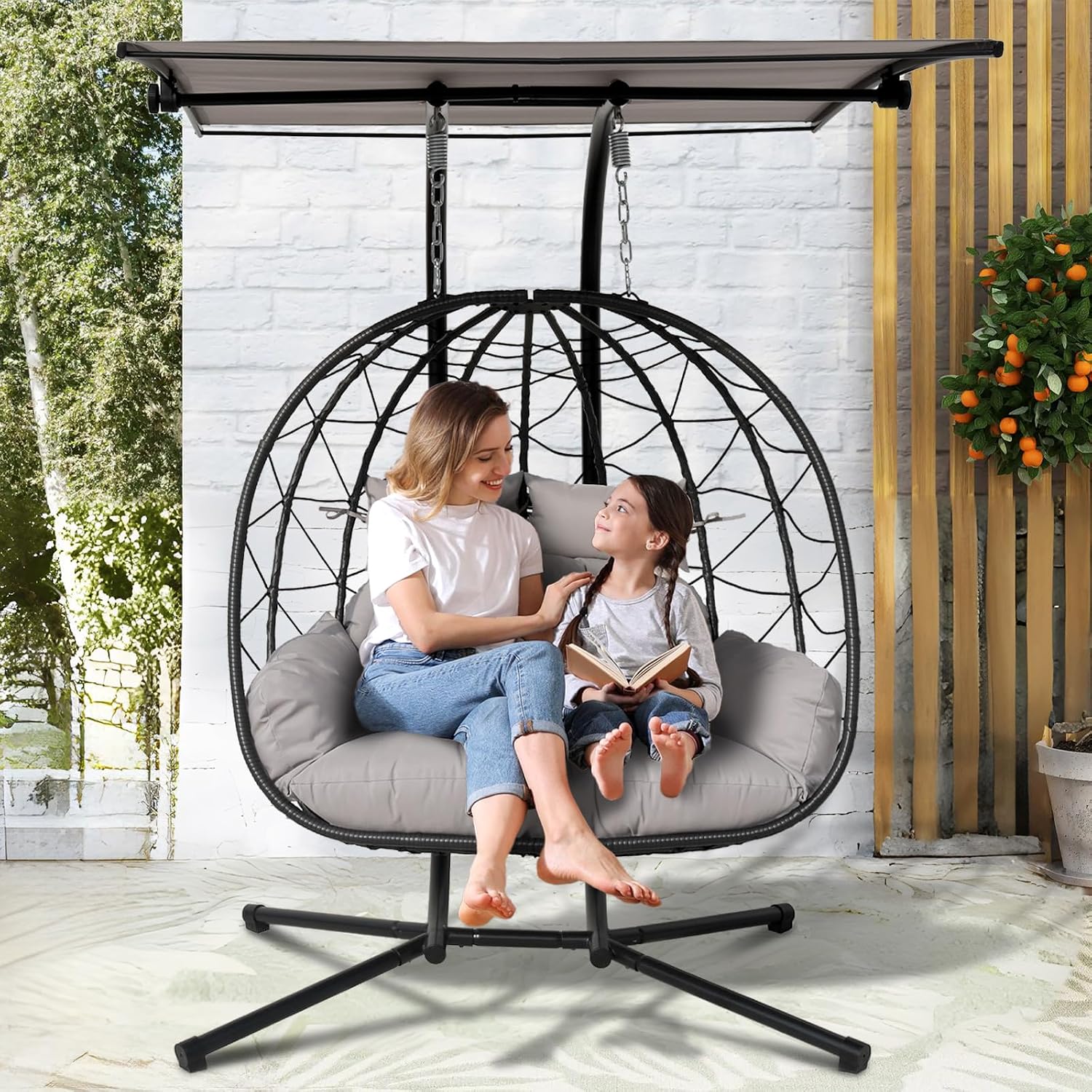 Double Egg Swing Chair with Stand & Adjustable Canopy, Outdoor Indoor Hanging Egg Chair, Handwoven Pe Rattan Loveseat with Uv-Resistant Cushions, 680Lbs Capacity for Patio, Garden, Balcony (Gray)
