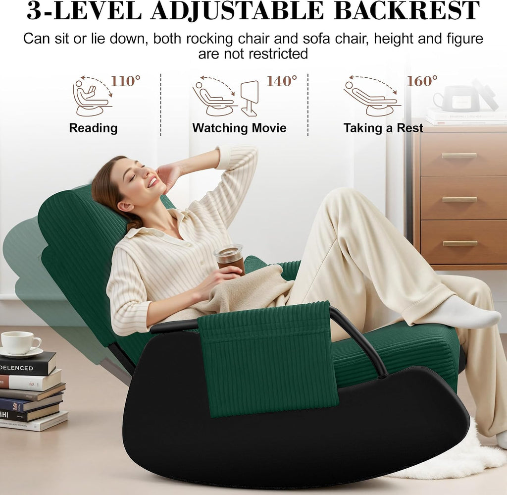 FelixKing Rocking Chair Nursery, Low-Seat Glider Chair, Upholstered Rocking Chair with Side Pocket and Foot Rest, Comfortable Modern Accent Armchair Recliner for Mom Nursery Living Room Bedroom Green