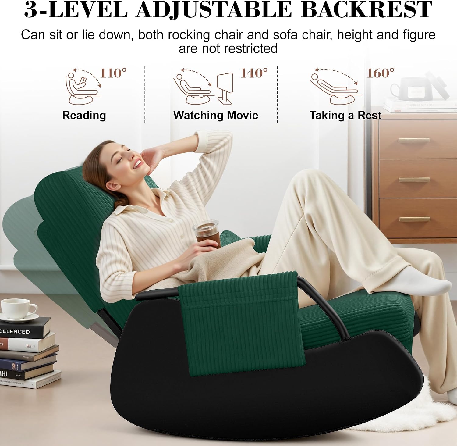 FelixKing Rocking Chair Nursery, Low-Seat Glider Chair, Upholstered Rocking Chair with Side Pocket and Foot Rest, Comfortable Modern Accent Armchair Recliner for Mom Nursery Living Room Bedroom Green