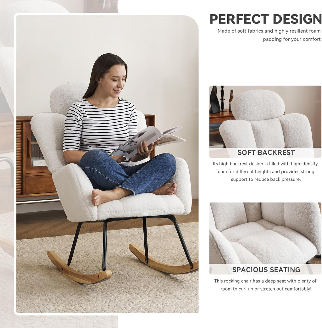 FOXHUNTER Rocking Chair Nursery with Thick Headrest, Upholstered Reading Glider Rocker Accent Armchair with High Backrest Rocker Recliner Chair for Adult Living Room Bedroom, Teddy Ivory