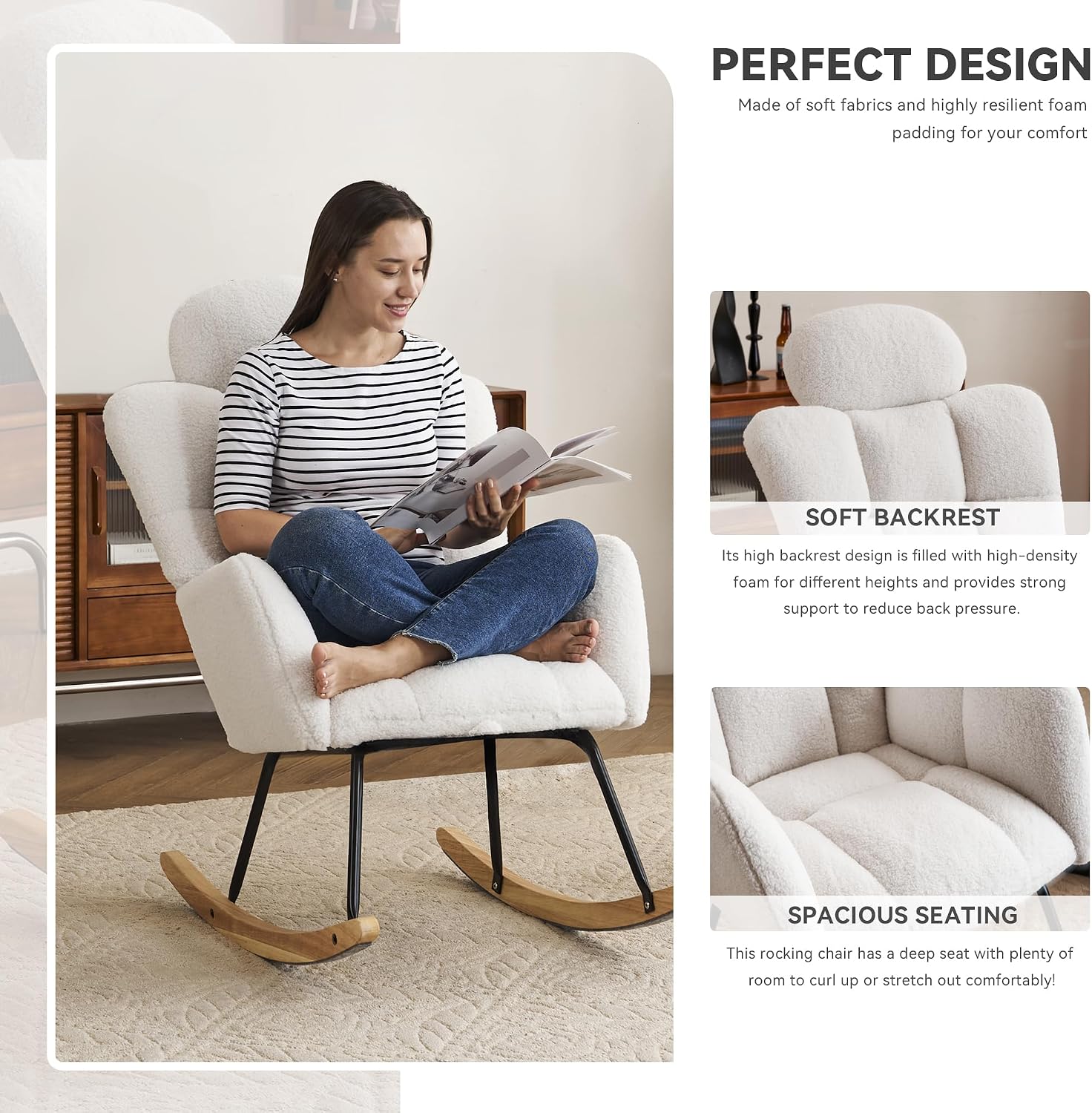 FOXHUNTER Rocking Chair Nursery with Thick Headrest, Upholstered Reading Glider Rocker Accent Armchair with High Backrest Rocker Recliner Chair for Adult Living Room Bedroom, Teddy Ivory