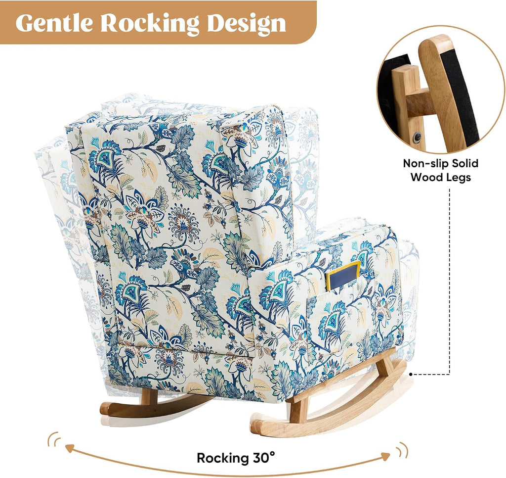 HCHAIRH Nursery Rocking Chairs, Rocking Chair Nursery for Mom Nursery Rocker with High Backrest and Solid Wood Legs, Modern Wingback Accent Chairs Set of 2 for Reading Living Room Bedroom, Blue Floral
