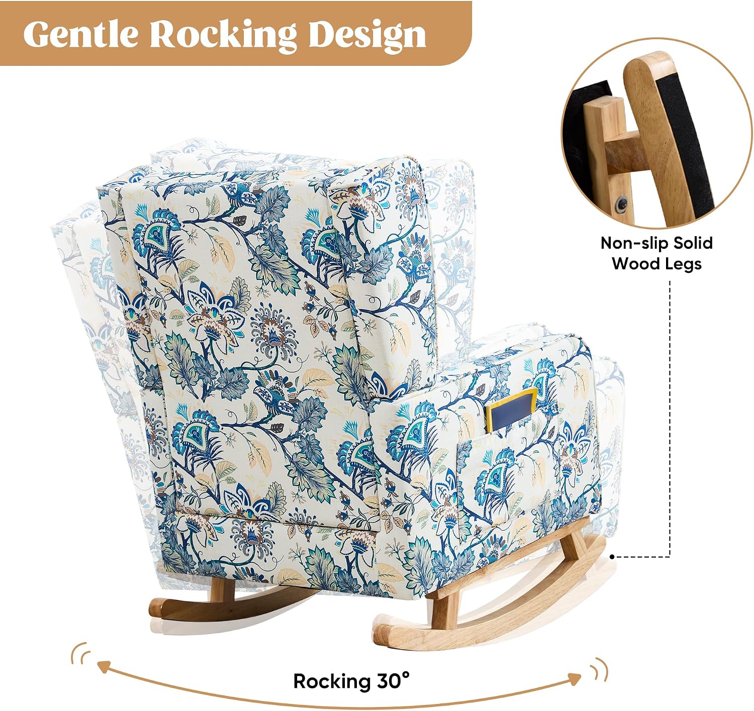 HCHAIRH Nursery Rocking Chairs, Rocking Chair Nursery for Mom Nursery Rocker with High Backrest and Solid Wood Legs, Modern Wingback Accent Chair for Reading Living Room Bedroom, Blue Floral
