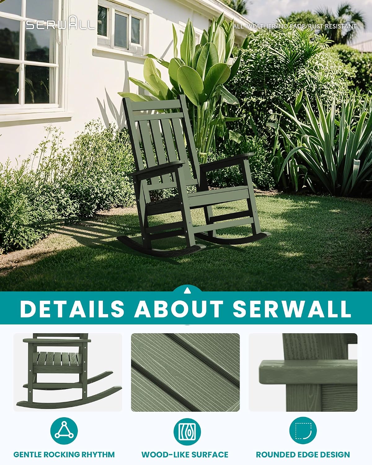 SEWALL HDPE Rocking Chair, Oversized Outdoor Rocking Chair for Adults, Patio Rocker for Porch, Avocado Green