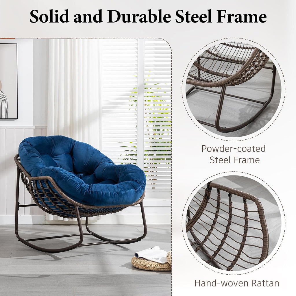 Large Indoor Outdoor Rocking Chair, Oversized Rocking Papasan Chair with Thick Cushion and Frame Outdoor Rocker, Comfy Wicker Egg Chairs Lounge for Outside Porch Patio Backyard Balcony (Blue)
