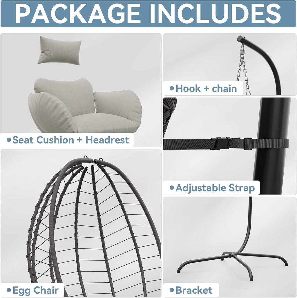 ALAULM Foldable Egg Chair with Stand, 485LBS Capacity Wicker Rattan Hammock Swing Chair for Outdoor & Indoor, Hanging Chair with Strong Frame & UV Resistant Cushion for Balcony, Bedroom, Cream