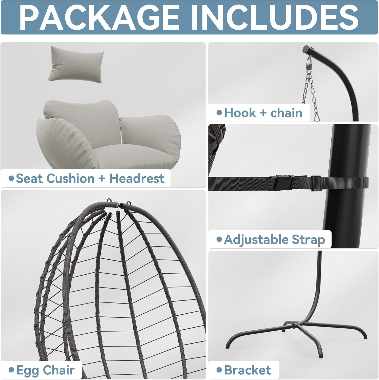 ALAULM Foldable Egg Chair with Stand, 485LBS Capacity Wicker Rattan Hammock Swing Chair for Outdoor & Indoor, Hanging Chair with Strong Frame & UV Resistant Cushion for Balcony, Bedroom, Cream